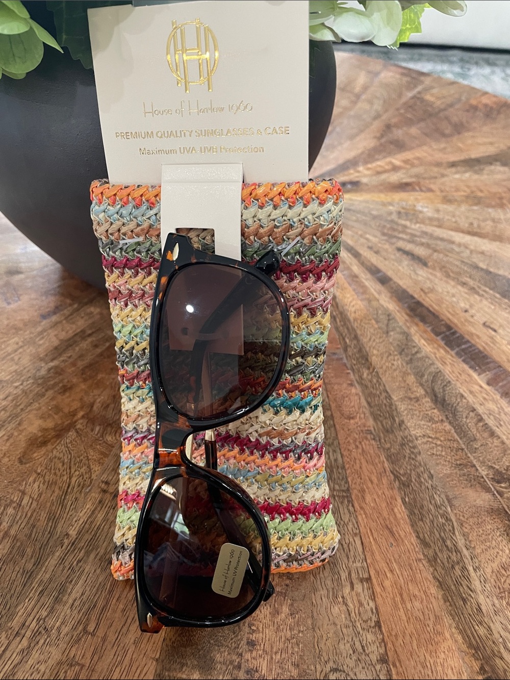 House of Harlow 1960 Tortoiseshell Sunglasses with Multicolor Woven Sleeve
